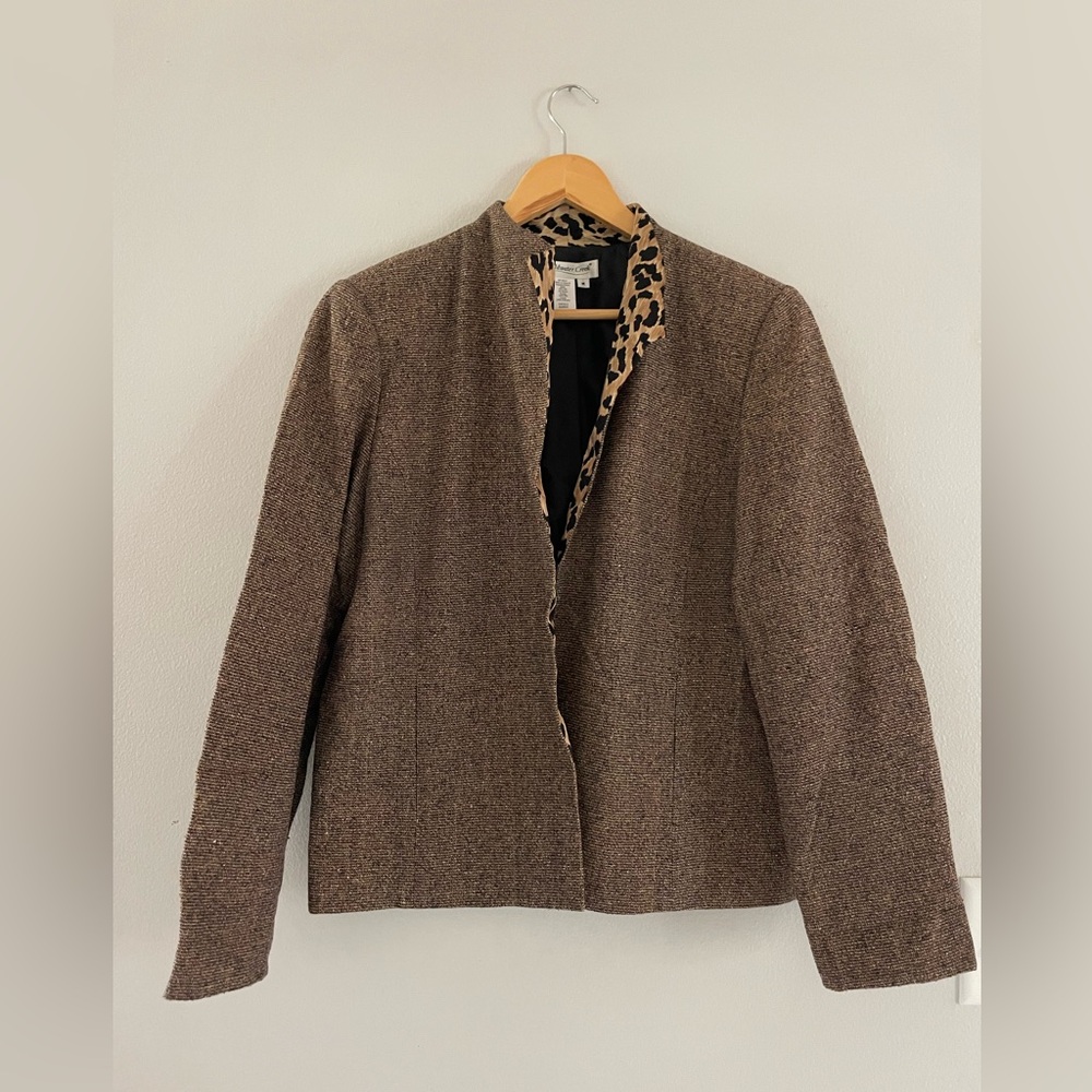 Coldwater Creek Brown Tweed Open Blazer with Leopard Accent